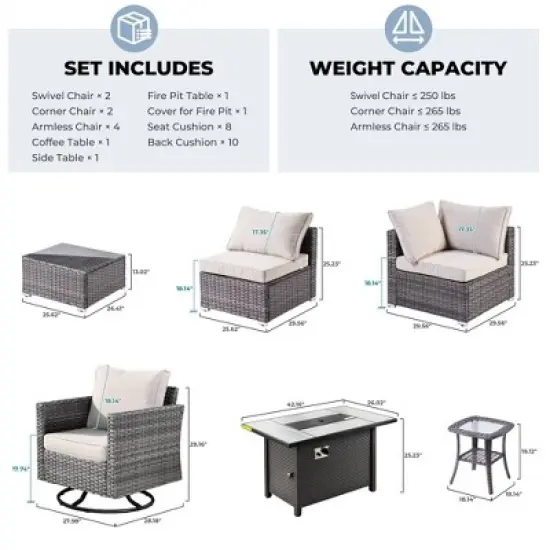 Ovios Venice 11pc Wicker Outdoor Patio Furniture Set Conversation Sofa with a Metal Fire Pit, Swivel Chairs and Cushions image {14}