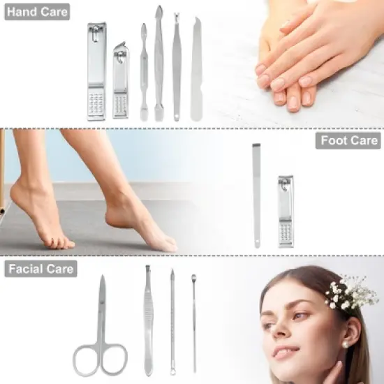 Unique Bargains PU Leather Stainless Steel Pedicure Manicure Set Silver Tone 12 Pcs image {2}