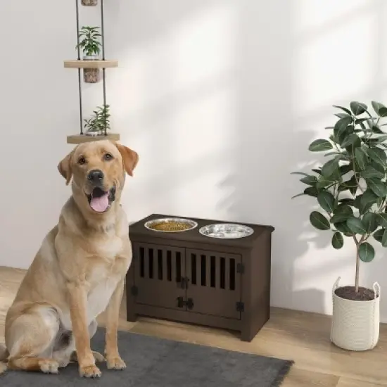 INFURNIC Pet Bowl Large Elevated Feeding Station with Storage Cabinet Stainless Steel Bowls, Brown, 23.5"*11.8"*17" image {1}