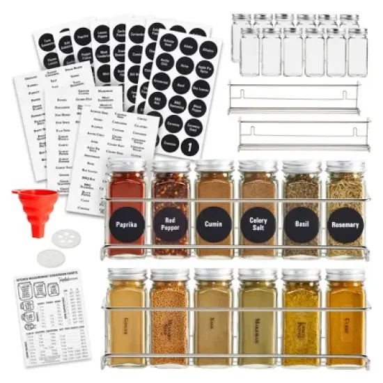 Talented Kitchen 4 Stainless Steel Spice Racks Wall Mount Organizer for Cabinet Door w/ 24 Empty 4oz Glass Jars, 269 Clear Seasoning Labels, 2 Styles image {6}