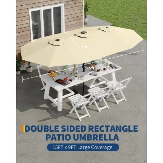 15FT Large Patio Umbrella with Base Included, Oversized Shade for 2-8 People, Double-Sided Rectangle Umbrella, Weighted Base for Pool, Deck, Backyard image {4}