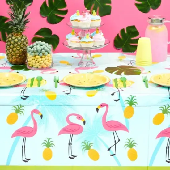 Juvale 3-Pack Flamingo Tablecloth for Pineapple Birthday Decorations, Tropical Hawaiian and Flamingo Party Supplies, 54x108 In image {1}