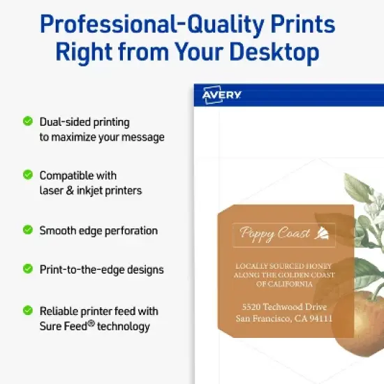 Avery Printable Hexagon Flat Cards, Sure Feed Technology, 3-1/2" x 4", Matte White Cardstock, Print-to-The-Edge, Laser/Inkjet Printable, 40 Total image {1}