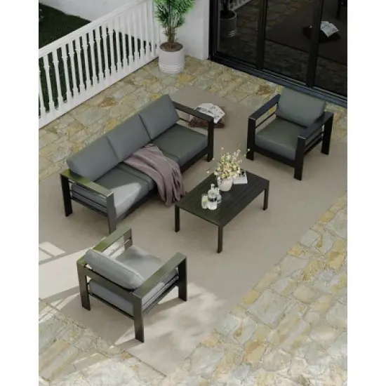 4-Piece Outdoor Patio Sofa Set with Aluminum Frame, Removable Cushions and Coffee Table for Backyard and Porch image {9}