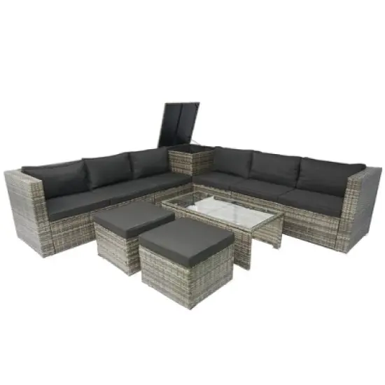 Whisen 8-Piece Wicker Rattan Patio Sectional Set with Storage Box, Cushion Box & Clear Glass Top image {4}