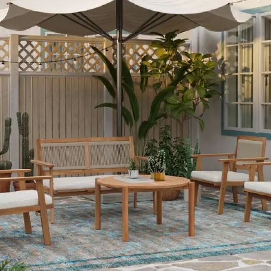 LuxenHome Natural Wooden Outdoor Coffee Table, Round Solid Wood Patio Table Brown image {2}