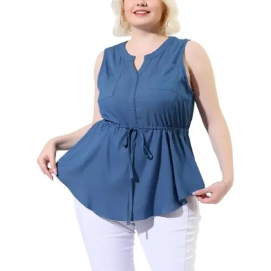 Agnes Orinda Women's Plus Size Shirts Denim V Neck Drawstring Waist Sleeveless Chambray Tops image {6}