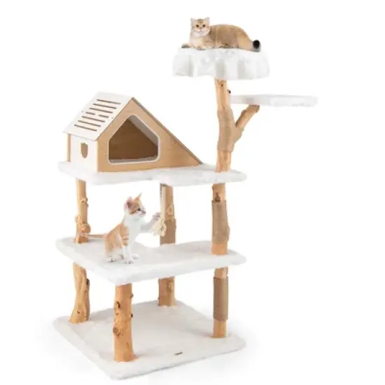 Costway 60" Tall Solid Wood Cat Tree with 2 Perches Condo Jute Scratching Posts Sisal Rope image {9}