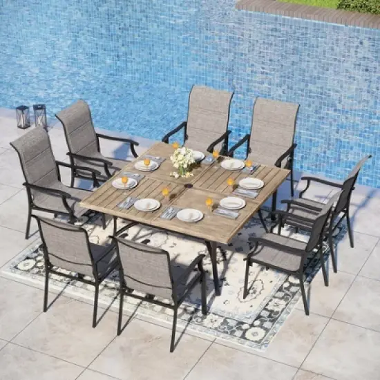 Captiva Designs 9pc Patio Spacious Black Steel Dining Table & High Back Padded Grayish Brown Sling Armrest Chairs image {15}