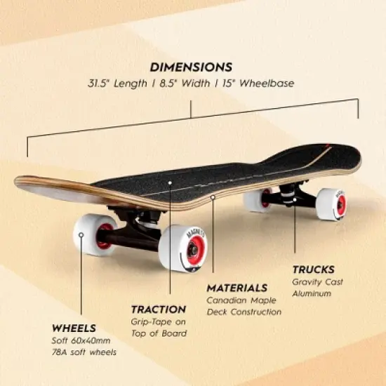 Magneto SUV Skateboards | Fully Assembled 31" x 8.5" Standard Size | 7 Layer Canadian Maple Deck with Skate Tool (SUV Natural) image {1}