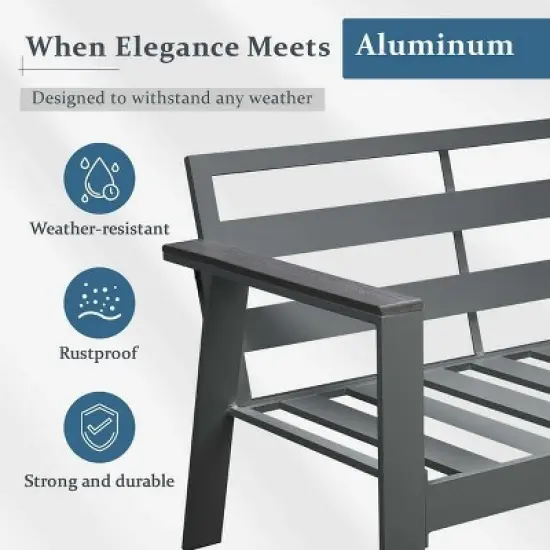 Heynemo 2-Seat Aluminum Outdoor Patio Loveseat Furniture Set With Faux Wooden, Aluminum Sofa Chair Conversation Furniture With Cushions image {2}