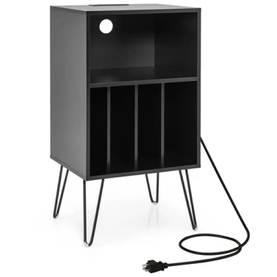 Costway 3-Tier Record Player Stand with Charging Station Shelf & 4 Dividers for Bedroom Walnut/Black/Brown image {9}