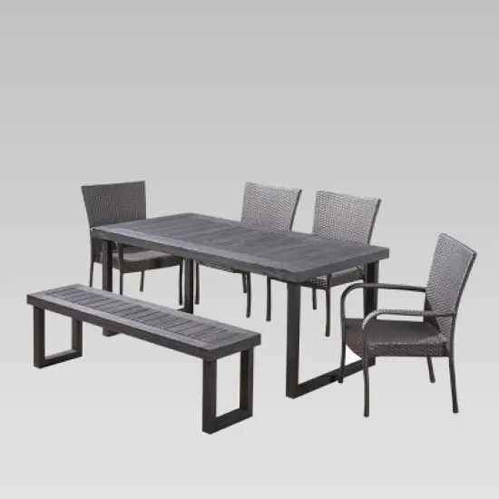 Nestor 6pc Wood and Wicker Chair and Bench Dining Set: Weather-Resistant, Galvanized Steel - Christopher Knight Home image {1}