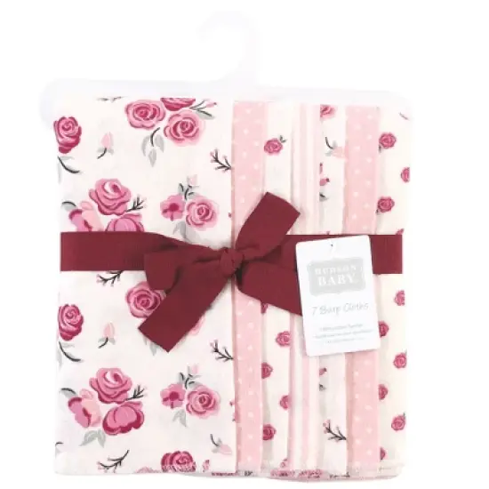 Hudson Baby Infant Girl Cotton Flannel Burp Cloths 7pk, Cream Rose, One Size image {1}