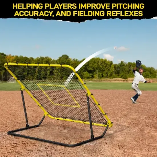 PLAYAPUT Baseball Rebounder Net - 4x4.5FT Pitchback Net for Pitching and Fielding Training, Adjustable Angle, Yellow and Black image {2}