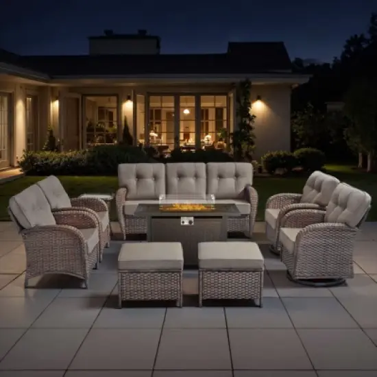 Belord Brown Wicker 9 Piece Patio Furniture Set with 5" Thick Cushions, Outdoor Fire Pit Table Set with Swivel Gliding Rocker Chairs and Club Chairs image {18}