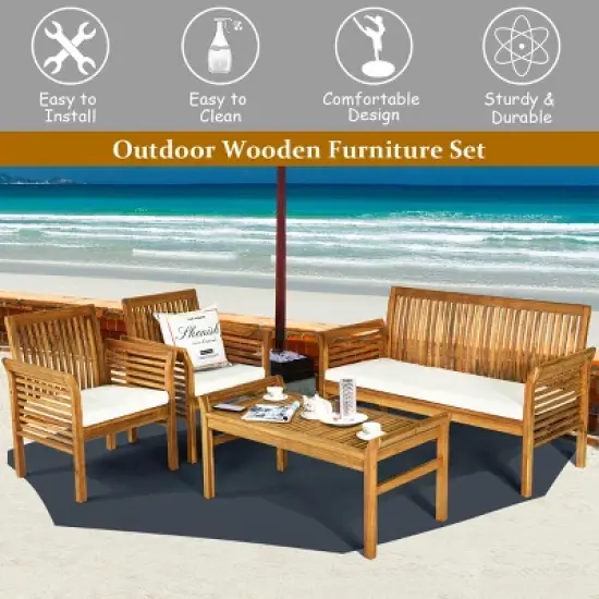 Tangkula 4-Piece Patio Acacia Wood Sofa Set Conversation Table Chairs with Beige Cushions image {5}