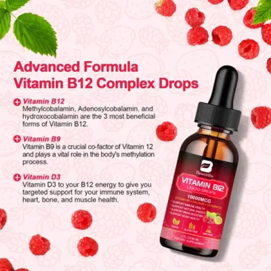 B Beworth Vitamin B12 Liquid Drops 10,000 mcg, Supports Immunity, Energy & Brain, Vegan, Gluten Free, Non-GMO, 2 fl.oz (Raspberry) image {2}