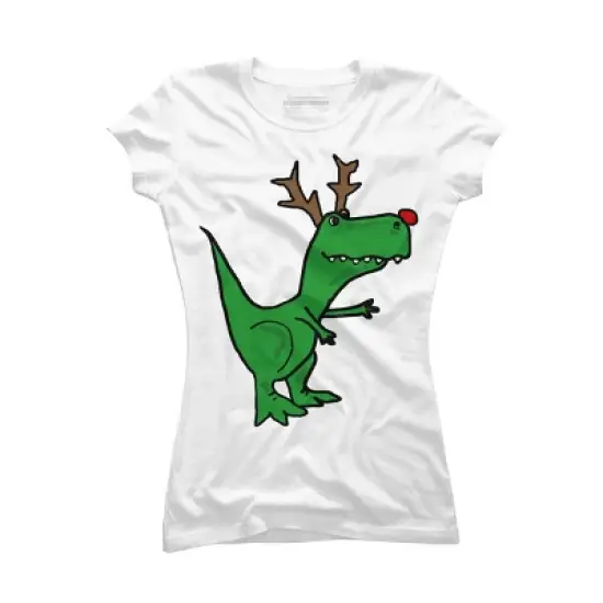 Junior's Design By Humans Cool Funny Christmas T-Rex Dinosaur with Antlers By SmileToday T-Shirt image {4}