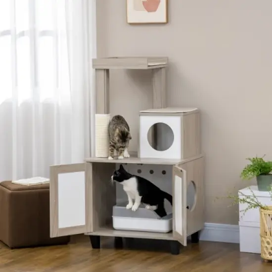 PawHut Cat Litter Box Enclosure Furniture with Cat Tree, Hidden Litter Box with Scratching Post, Bed, Modern Cat House Indoor, Gray image {2}