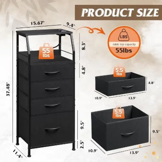 GALAXHERO Night Stand Set of 2 with Charging Station Nightstand with LED Light and 4 Storage Drawers Bedside Tables Wood Shelf Metal Frame 31.9" Tall image {2}