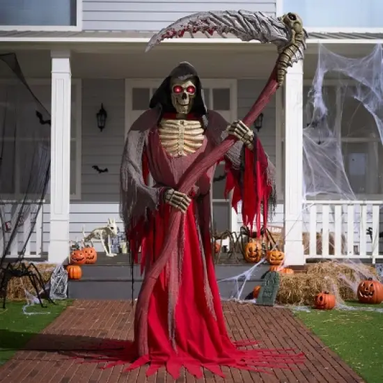 Joyfy 99.6'' Halloween Outdoor Decoration, Animatronics Standing Grim Reaper Holding Giant Scythe with Light for Indoor Outdoor Haunted House Decor image {7}