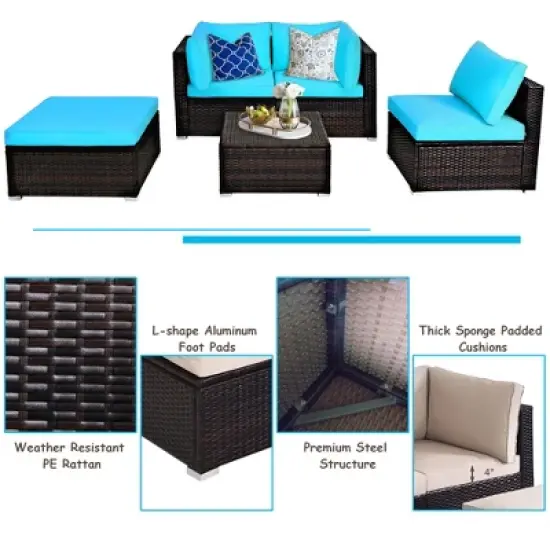 Tangkula 5PCS Cushioned Rattan Patio Conversation Set Outdoor Furniture Set w/ Ottoman image {7}