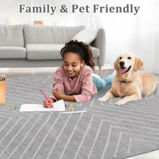 Modern Striped 10x13 Light Grey Washable Rug, Stain-Resistant Non-Slip Low Pile Carpet for Living Room, Nursery, or Apartment Decor image {6}