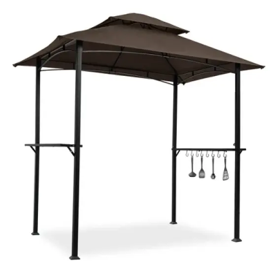 Sevobal Patio Umbrellas Outdoor Grill Gazebo Shelter Tent, Double Tier Soft Top Canopy And Steel Frame With Hook And Bar Counters, Brown, 95"*59"*97" image {1}