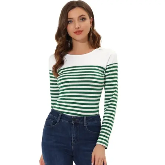 Allegra K Women's Color Block Long Sleeve Striped T-Shirt image {17}