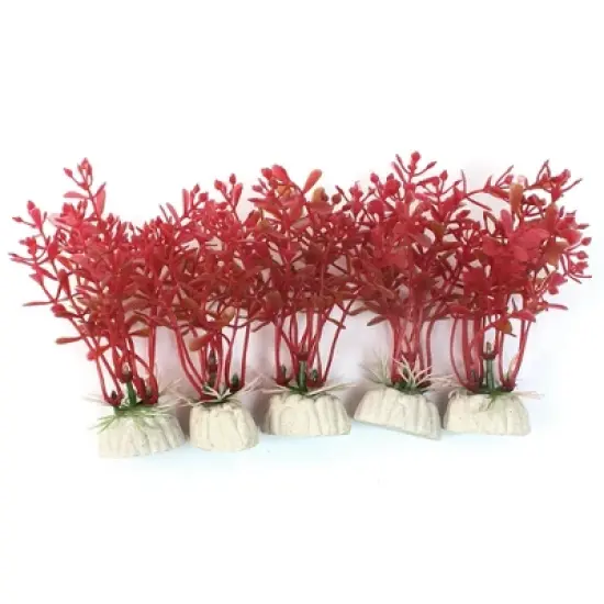 Unique Bargains Plastic  Plant w Ceramic Base for Fish Tank 4" High Red 5 Pcs image {1}
