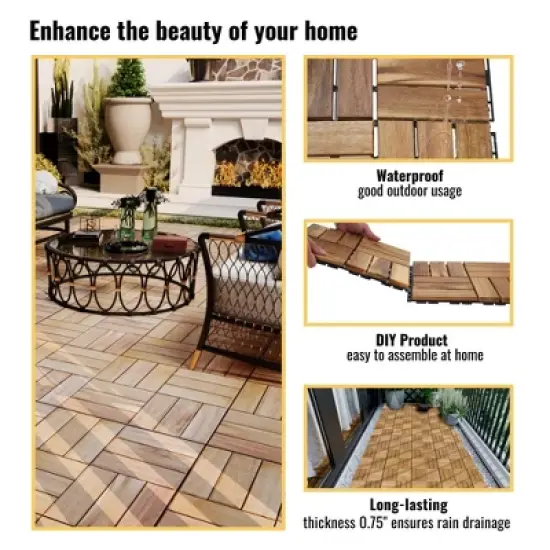 20 PCS Interlocking Deck Tiles Checker Pattern, 12" x 12" Square Yellow Acacia Hardwood Outdoor Flooring image {2}