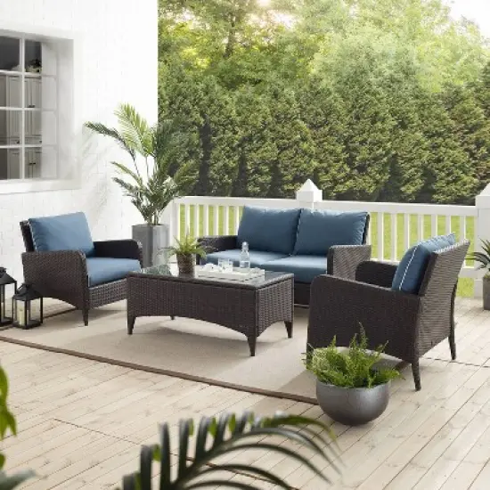 Kiawah 4pc Outdoor Wicker Conversation Set with Sofa, Arm Chairs & Coffee Table Blue - Crosley image {4}