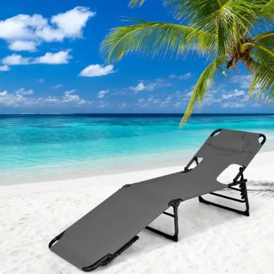 Costway Outdoor Beach Lounge Chair Folding Chaise Lounge with Pillow Blue\Blue&Green\Black\Grey\Turquoise\Pink\Beige\Light Pink image {14}