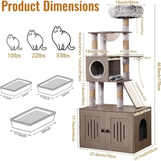 2-in-1 Cat Tower with Multiple Platforms, 66.9in Tall Hidden Washroom Litter Box Enclosure with Cat Tree, Wooden Cat Condo with Scratching Post, Gray image {1}