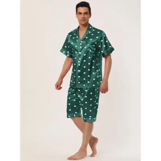 Lars Amadeus Men's Satin Pajama Set Cute Heart Print Button Down Short Sleepwear Loungewear Pjs Sets image {2}