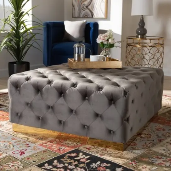 Verene Velvet Upholstered Square Cocktail Ottoman Gray/Gold - Baxton Studio image {4}