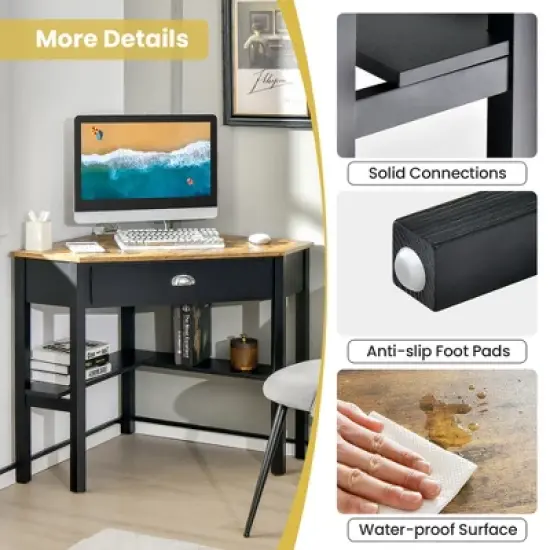 Costway Triangle Computer Desk Corner Office Desk Laptop Table with Drawer Shelves Rustic Brown&Black/White/Black/Coffee/Grey/Natural&White image {8}