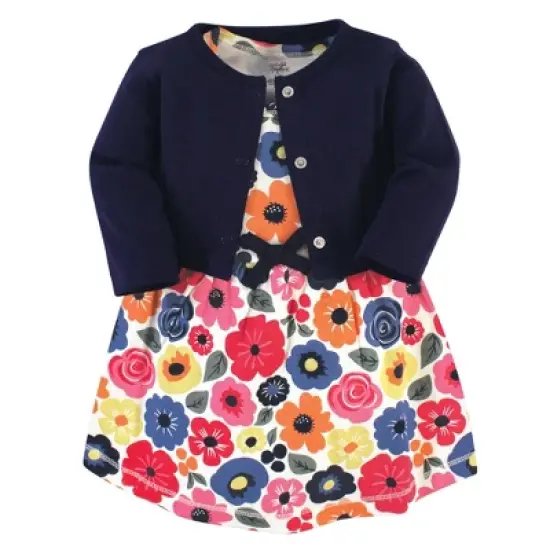 Touched by Nature Baby and Toddler Girl Organic Cotton Dress and Cardigan 2pc Set, Bright Flower image {4}
