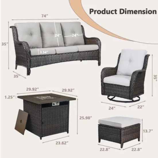 POCASSY 6 Piece Patio Furniture Set with Fire Pit, All Weather Wicker Rattan Patio Sofa Couch Set with Swivel Patio Chair and 50000BTU Square Fire Pit image {2}