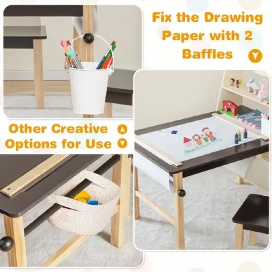 Costway Kids Art Table & Chairs Set Wooden Drawing Desk with Paper Roll Storage Shelf Bins image {7}