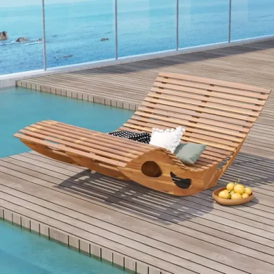 Tangkula 2PCS Outdoor Double Chaise Lounge Chair Acacia Wood Rocking Sunbed with Slatted Backrest and Seat Wooden Loveseat Rocker image {2}