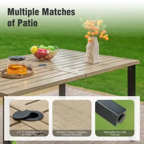 Captiva Designs 7pc Patio Wood-look Steel Dining Table with Umbrella Hole & Stackable Chairs with Bull's Eye Pattern image {3}