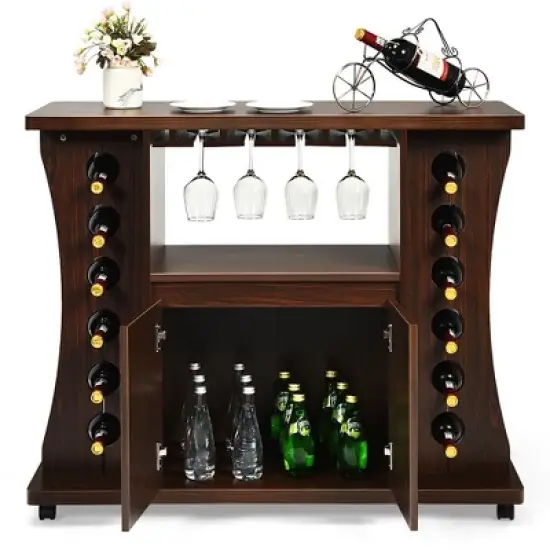 Costway Rolling Buffet Sideboard Wooden Bar Storage Cabinet w/ Wine Rack & Glass Holder image {3}