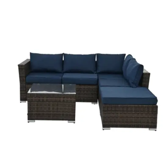 GlasFlength 3PCS Patio Seating Rattan Furniture Set Sectional Sofa Cushioned Garden, Tempered Glass Table, Blue, 51.1"*27.5"*25.62" image {2}