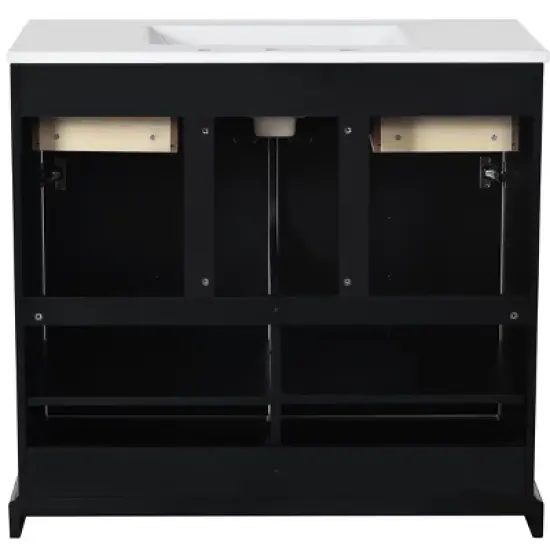 36'' Retro Bathroom Vanity with Ceramic Sink, Solid Wood Frame Freestanding Storage Cabinet with Soft-Close Doors & Drawers - ModernLuxe image {10}