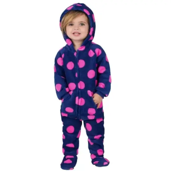 Footed Pajamas - Navy Pink Polka Infant Hoodie Chenille Onesie image {2}
