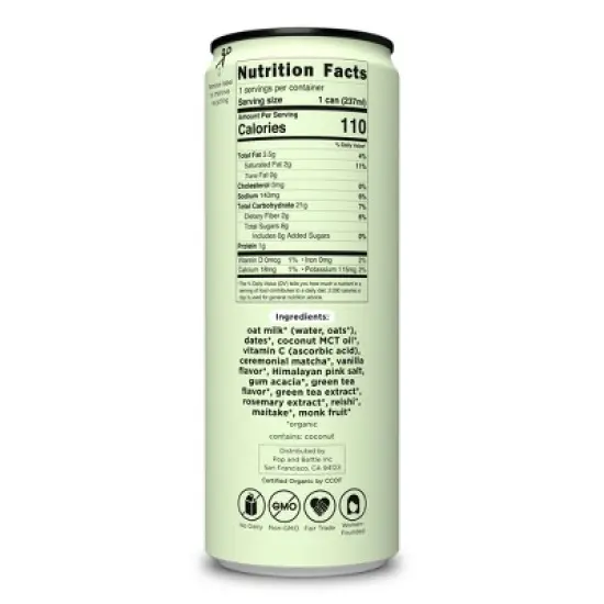 Pop & Bottle Matcha Green Tea Oat Milk Latte with functional boost from Reishi and Maitake - 8 fl oz Can image {8}