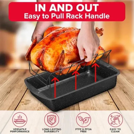 BAKKEN Nonstick Turkey Roasting Pan with Rack &ndash; 17 X 13 inch,  Large Heavy-Duty Carbon Steel Roasting Pan, Oven Safe Up to 450&deg;F, Gray Marble image {2}