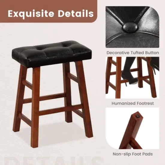 Costway Set of 2 Upholstered Barstools 24''/29'' Backless Rubberwood Dining Chairs Black&Brown image {8}